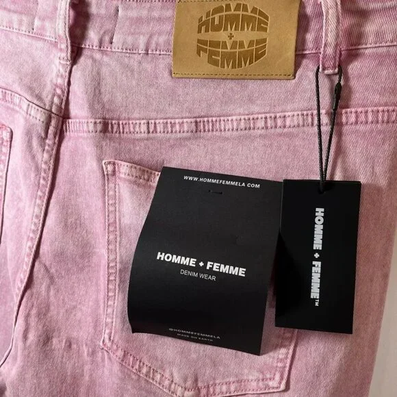 HOMME + FEMME LA distressed flare cargo jeans w/straps washed LIGHT PINK - Picture 7 of 9